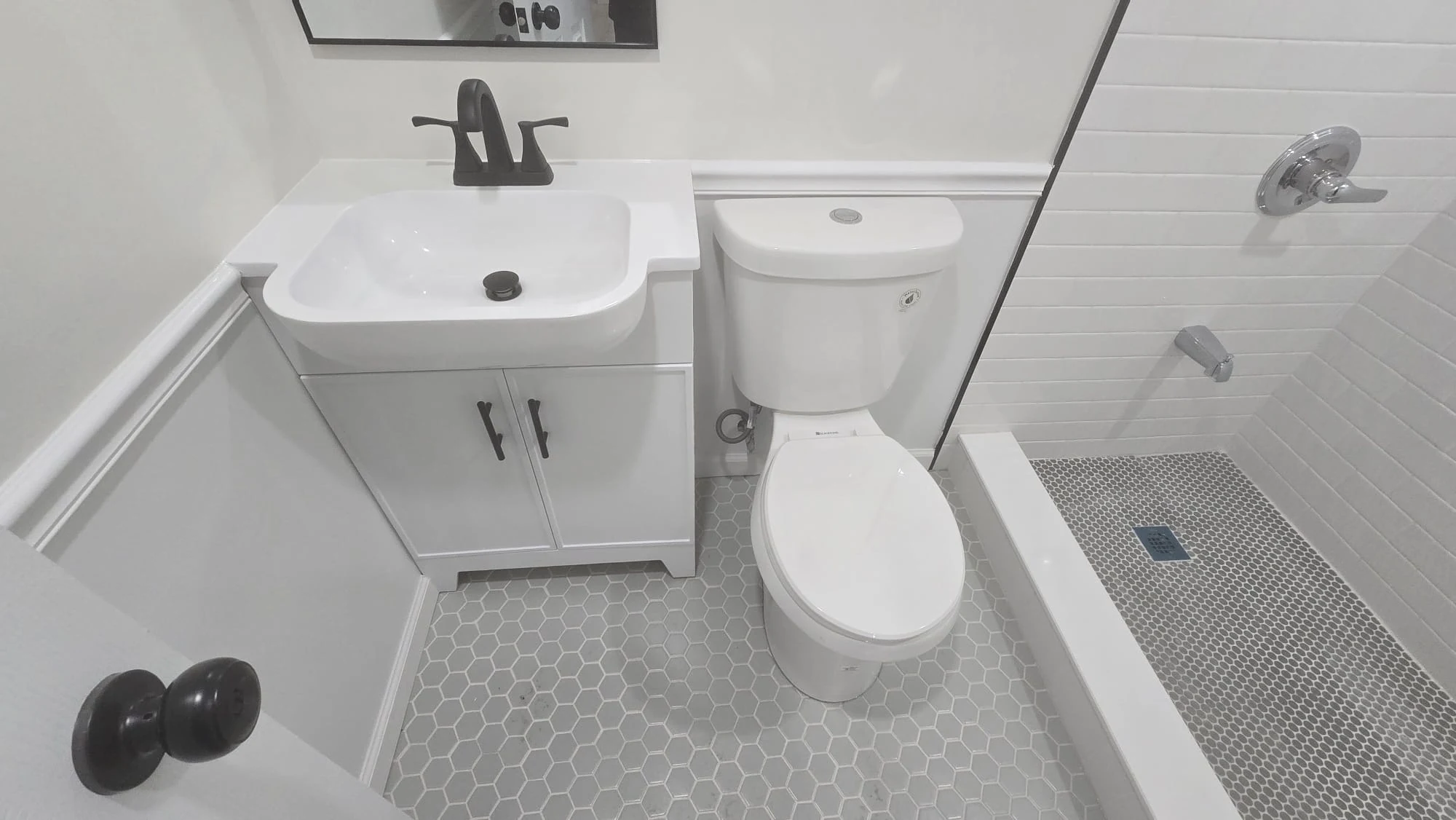 Completed Bathroom — Hex Tile & Walk-In Shower