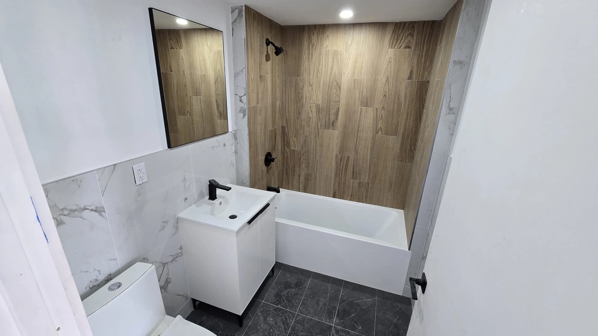 Completed Bathroom — Wood-Look Tile & Soaking Tub