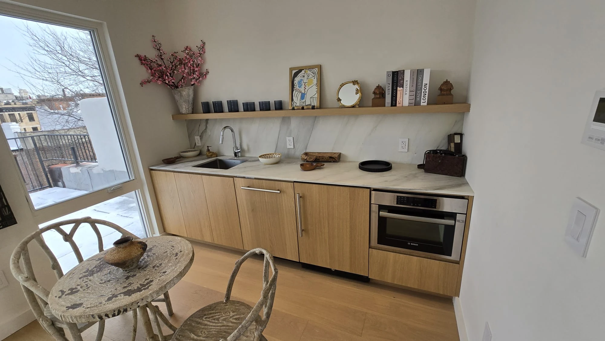 Completed Kitchen — Wood Cabinets & Marble Backsplash